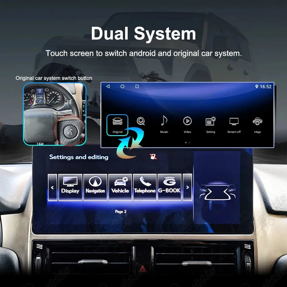 Dual-system touch screen switching between Android OS and original Lexus factory system.