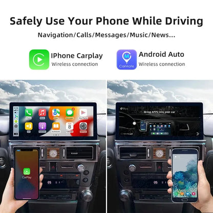 Wireless Apple CarPlay and Android Auto smartphone integration on the 12.3-inch Lexus GX460 head unit.