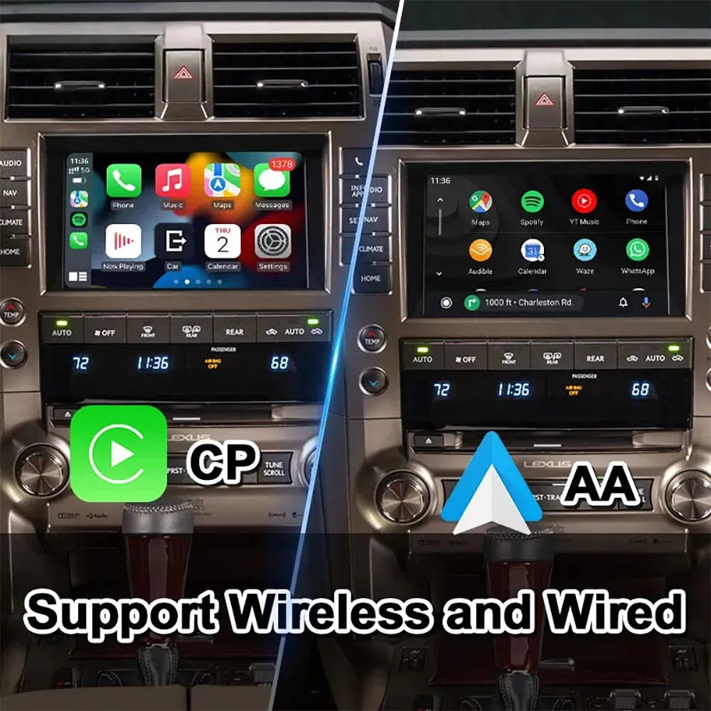 Side-by-side comparison supporting wireless and wired Apple CarPlay and Android Auto on Lexus dashboard.