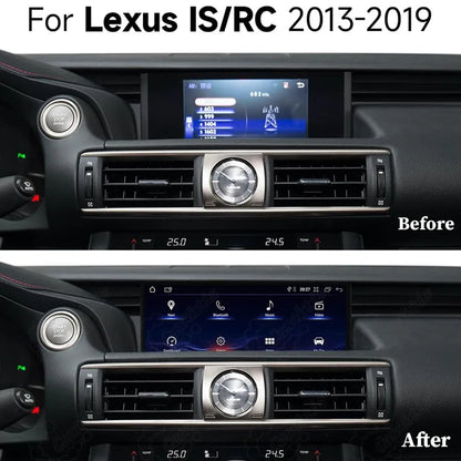 Before and after installation of 10.25-inch Android touchscreen radio upgrade for Lexus IS/RC 2013-2019.