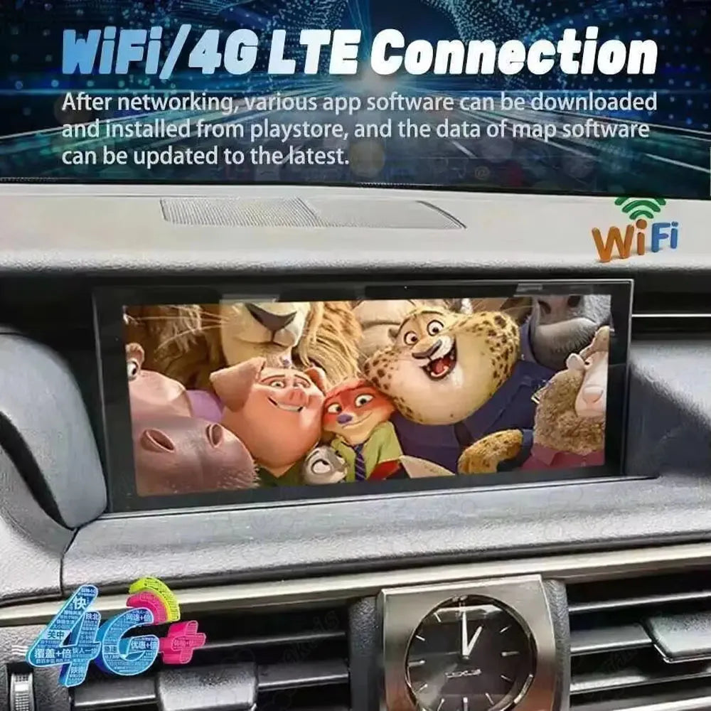10.25-inch screen playing HD video streaming via Wi-Fi and 4G LTE network on Lexus dashboard.