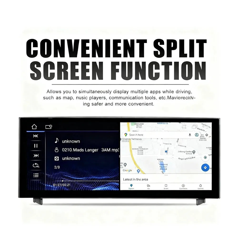 Split-screen function displaying map navigation and music player simultaneously on Android head unit.