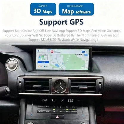 Built-in GPS navigation with 3D map support and online/offline guidance on Lexus IS dashboard.