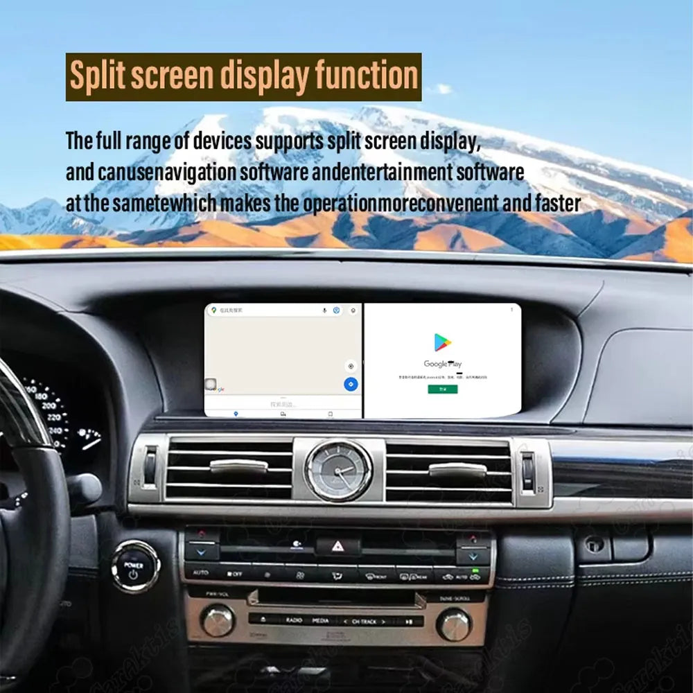 Split screen display function running navigation map and app store simultaneously on Lexus LS screen.