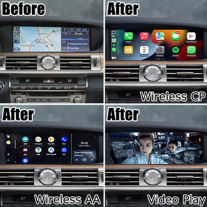 Before and after installation comparison showing Wireless CarPlay, Wireless Android Auto, and video playback on Lexus LS.