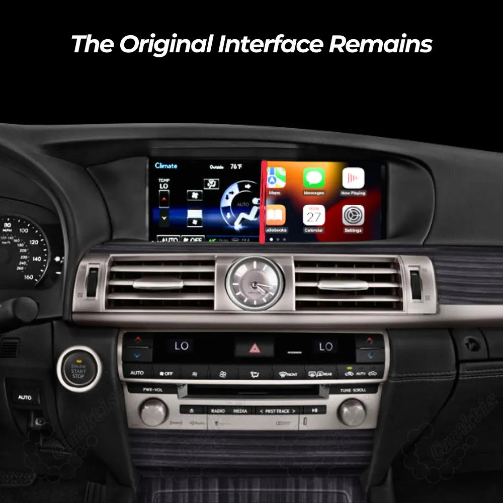 Retains original Lexus factory system interface and climate control display alongside Apple CarPlay.