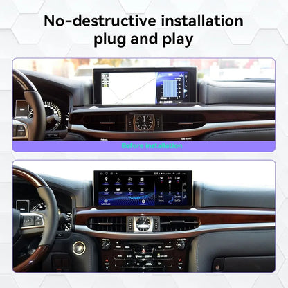 Before and after plug and play 12.3 inch Android touchscreen upgrade comparison for Lexus LX570.