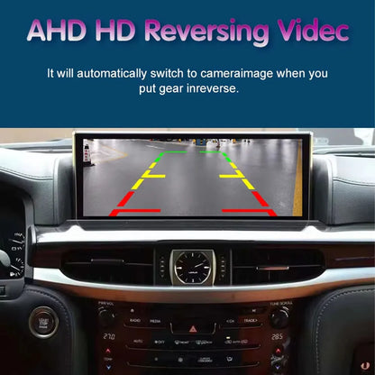 AHD HD automatic reversing video with dynamic parking lines display on Lexus LX570 screen.