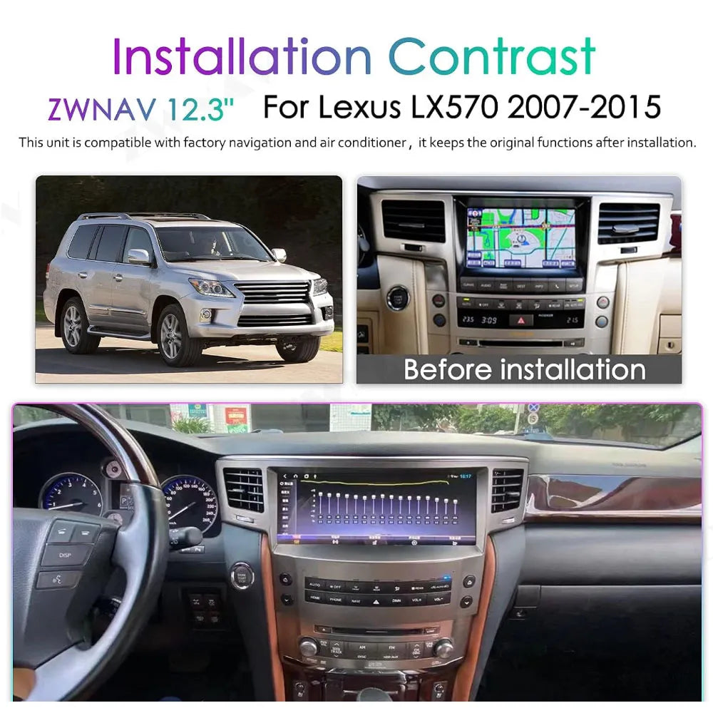 Before and after installation contrast of Lexus LX570 dashboard with 12.3 inch ZWNAV Android touchscreen.
