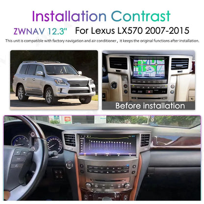 Before and after installation contrast of Lexus LX570 dashboard with 12.3 inch ZWNAV Android touchscreen.