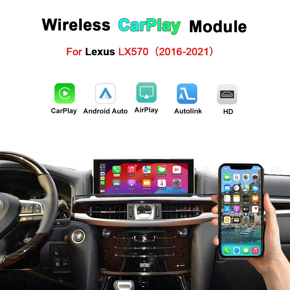 Wireless CarPlay and Android Auto module banner for Lexus LX570 2016-2021 showing compatible smartphone features on the factory dashboard screen.