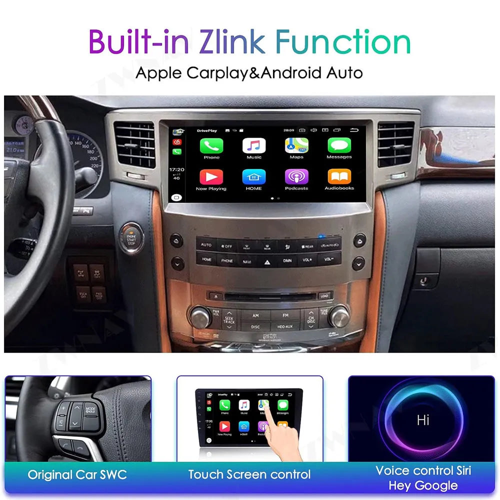 Lexus LX570 Android head unit featuring Zlink Apple CarPlay, steering wheel control, and voice assistant