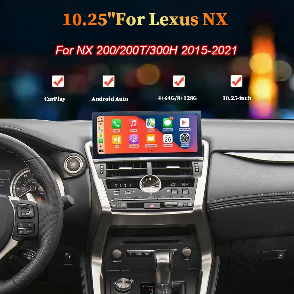 10.25-inch Android touchscreen car stereo installed in Lexus NX 200 200T 300H (2015-2021) dashboard.