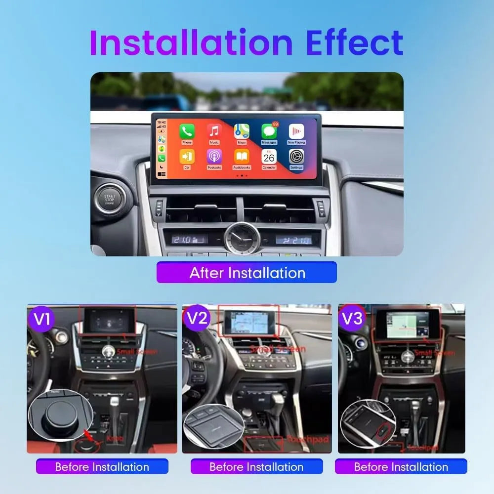 Before and after installation comparison for Lexus NX 10.25-inch Android screen upgrade on V1, V2, and V3 dashboards.