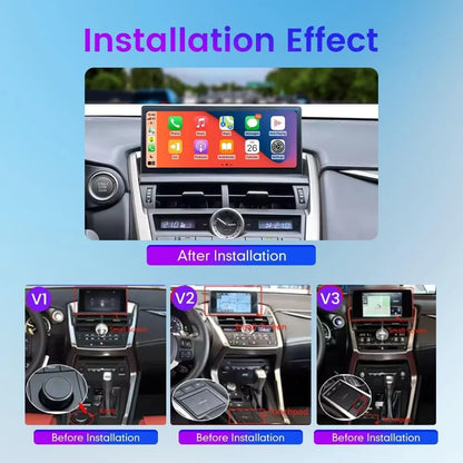 Before and after installation comparison for Lexus NX 10.25-inch Android screen upgrade on V1, V2, and V3 dashboards.