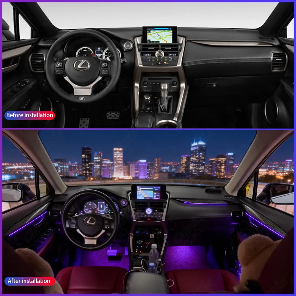 Interior comparison of a Lexus NX before and after installing CarAktis ambient lighting upgrade