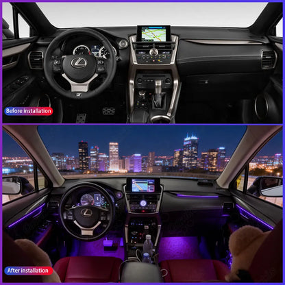 Interior comparison of a Lexus NX before and after installing CarAktis ambient lighting upgrade