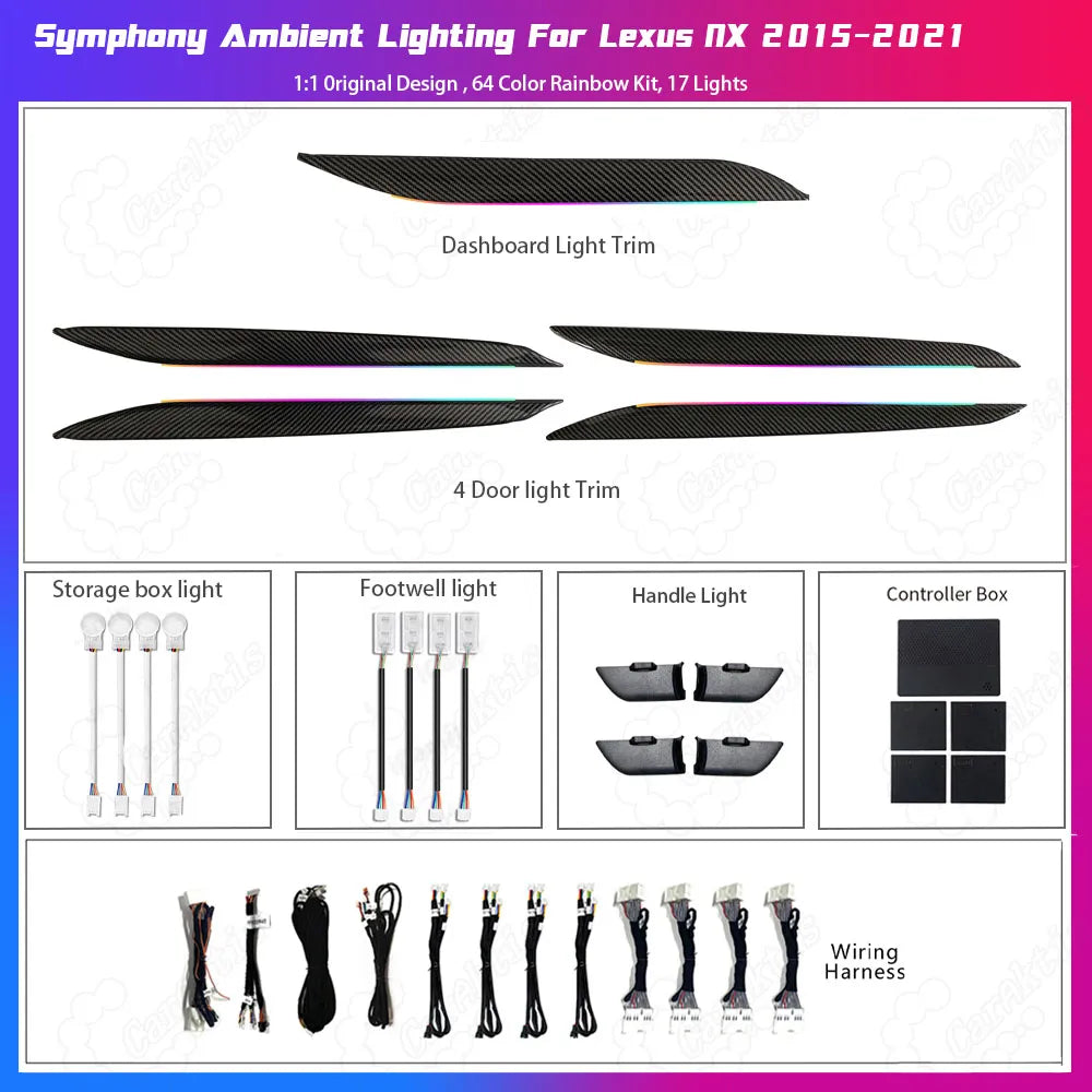 Complete package contents of CarAktis plug-and-play ambient lighting kit for Lexus NX