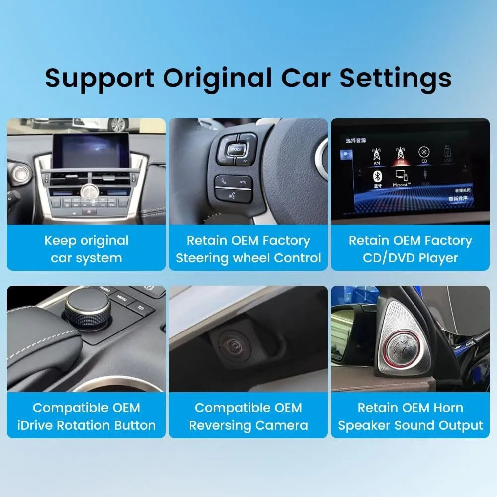 Support OEM car settings including steering wheel controls, iDrive knob, backup camera, and CD player for Lexus NX.