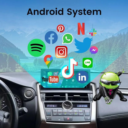 Android system supporting apps like YouTube, Spotify, Google Maps, and Netflix on Lexus NX touchscreen.