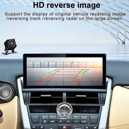 HD rear view backup camera image with dynamic parking trajectories displayed on Lexus NX screen.
