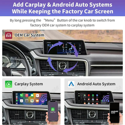 Infographic showing how to switch from the Lexus OEM factory car system to wireless CarPlay or Android Auto system by long pressing the menu button