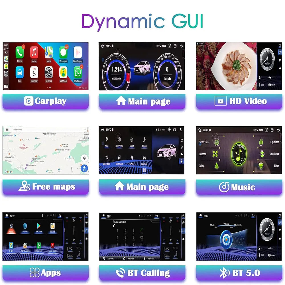 Dynamic user interface showcasing CarPlay, HD video, free maps, DSP music, and Bluetooth 5.0 calling on Lexus RX screen.