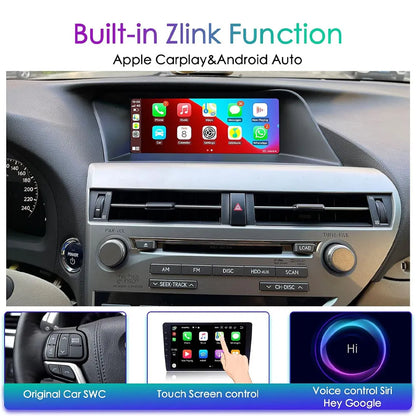 Lexus RX series head unit with built-in Apple CarPlay, steering wheel control, and Siri voice command support.