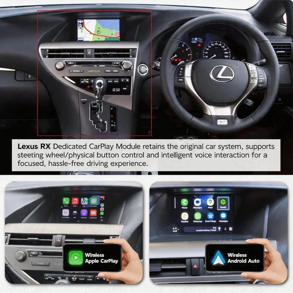 Product feature description for the Lexus RX dedicated CarPlay module. The main image shows the Lexus interior and steering wheel, explaining that the module retains the original system and supports steering wheel/physical button controls and voice interaction. The bottom two thumbnails display the wireless Apple CarPlay and wireless Android Auto interfaces in action.