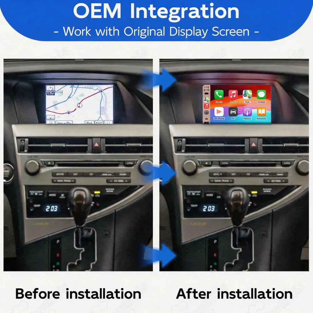 A before-and-after comparison of the Lexus RX center console screen upgrade. The left image shows the original factory navigation system before installation, and the right image shows the seamless OEM integration displaying the Apple CarPlay interface after installation.