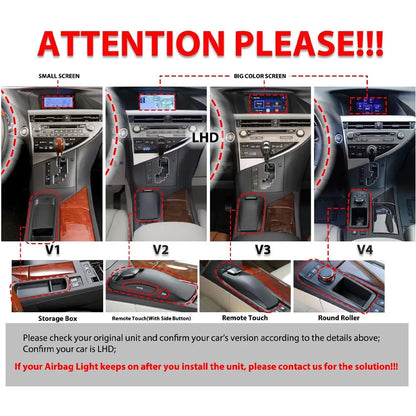 Lexus RX 2009-2015 center console fitment verification guide for small screen, big color screen, LHD, and Remote Touch mouse versions.