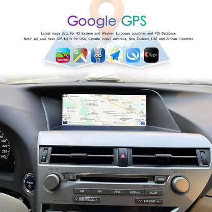 Lexus RX270 RX350 display showing Google GPS navigation maps with worldwide offline and online map support.