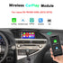 Promotional image for a wireless CarPlay module for 2012-2015 Lexus RX, RX350, and 450h. The top features icons for CarPlay, Android Auto, AirPlay, Autolink, and HD, while the bottom illustrates the wireless connection with the Lexus center console screen.