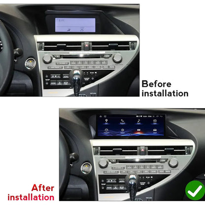 Before and after installation comparison of 12.5 inch Android display upgrade on Lexus RX series dashboard.
