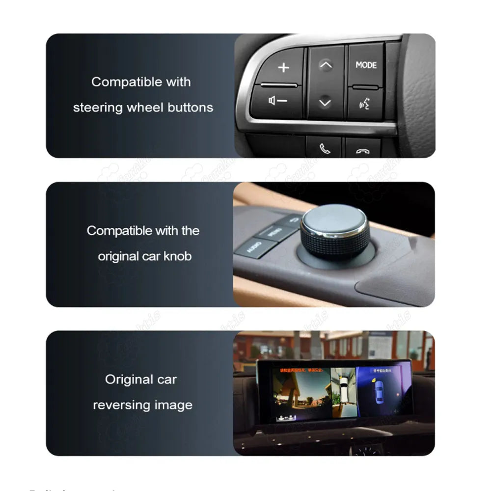 Lexus CarPlay module compatibility feature highlights showing original steering wheel buttons, factory console knob control, and OEM backup reversing camera view.