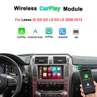 Wireless CarPlay and Android Auto module for Lexus IS, GS, GX, LS, ES, and LX models from 2006 to 2013, showing smartphone connection to the car dashboard display.