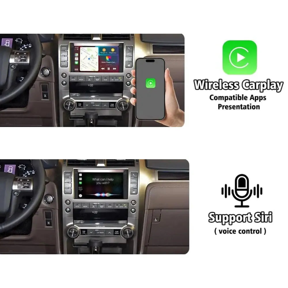 Wireless CarPlay interface on Lexus dashboard screen demonstrating compatible apps presentation and Siri voice control support.