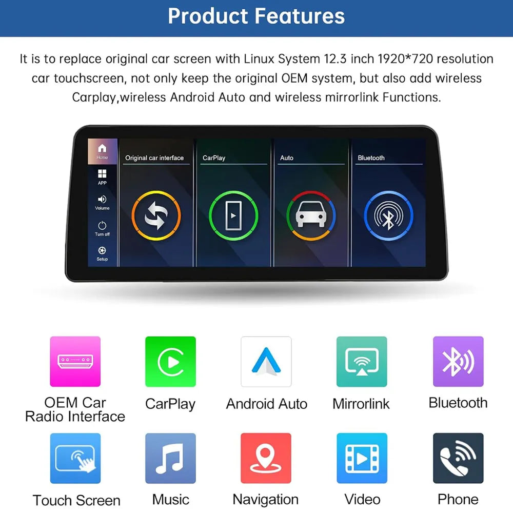Product feature menu for Linux system 12.3-inch car multimedia display, showing original car system switch, CarPlay, Android Auto, and Bluetooth options.