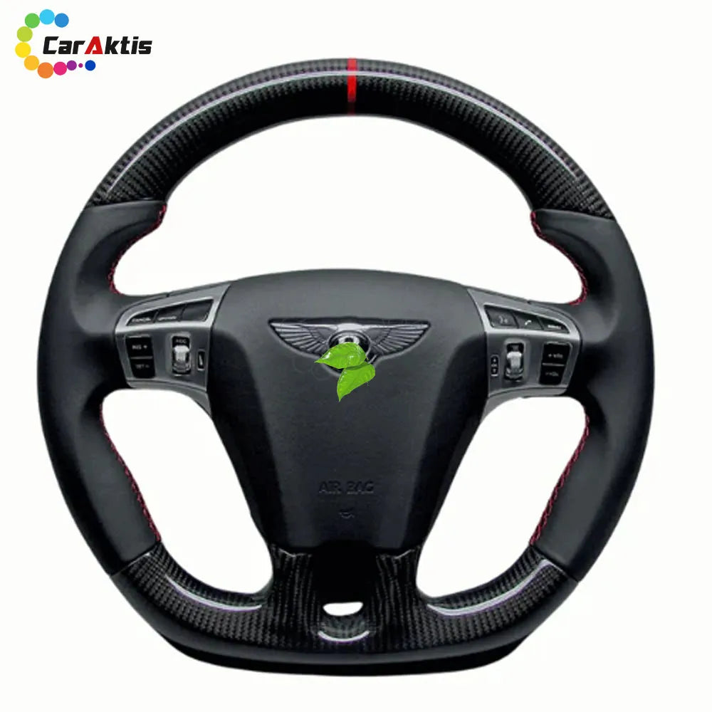 High-end Bentley Continental GT custom steering wheel upgrade with glossy twill weave carbon fiber and ultra-soft Nappa genuine leather for a comfortable luxury grip.