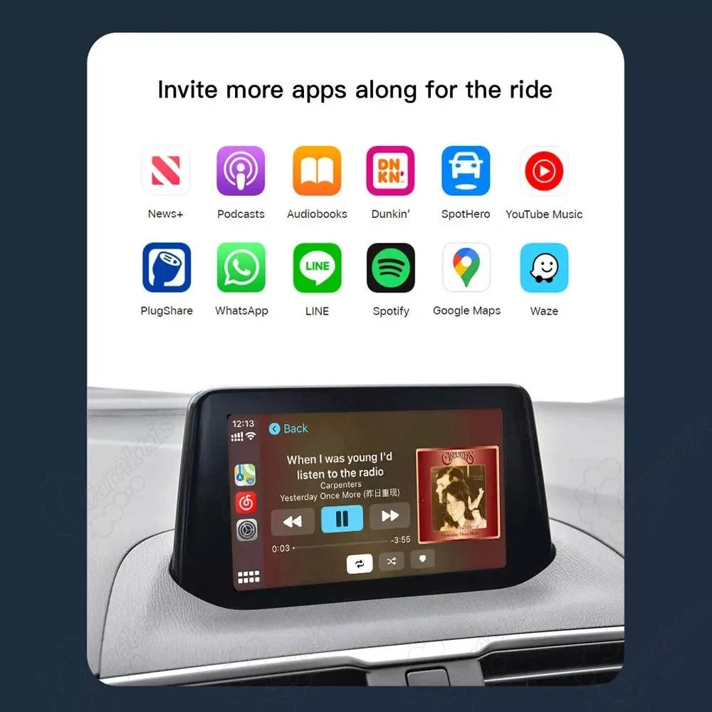 Supported apps on Mazda CarPlay display including Google Maps, Waze, Spotify, WhatsApp, and Apple Podcasts.