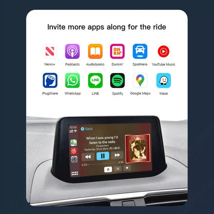 Supported apps on Mazda CarPlay display including Google Maps, Waze, Spotify, WhatsApp, and Apple Podcasts.