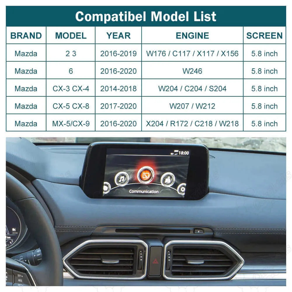 Compatibility chart for Mazda CarPlay upgrade module covering Mazda 2, 3, 6, CX-3, CX-4, CX-5, CX-8, CX-9, and MX-5 from 2014 to 2020 with 5.8-inch screens.