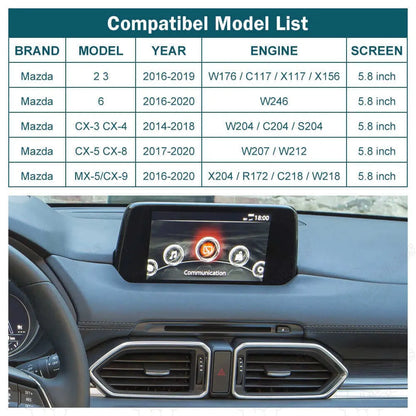 Compatibility chart for Mazda CarPlay upgrade module covering Mazda 2, 3, 6, CX-3, CX-4, CX-5, CX-8, CX-9, and MX-5 from 2014 to 2020 with 5.8-inch screens.
