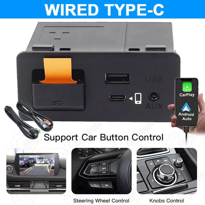 Mazda CarPlay upgrade box showing support for original steering wheel controls, center console knob navigation, and backup camera view.