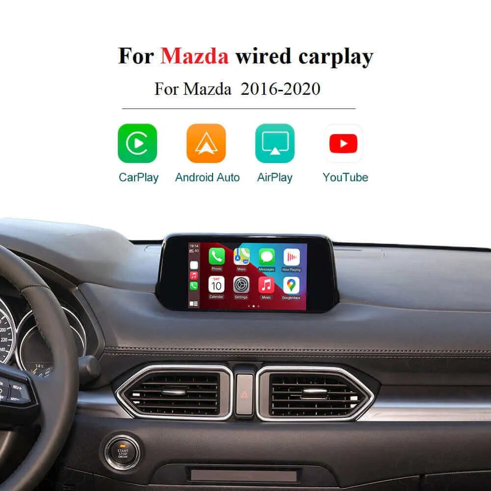 Wired Apple CarPlay, Android Auto, AirPlay, and YouTube integration module for Mazda vehicles from 2016 to 2020.
