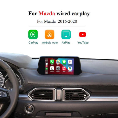 Wired Apple CarPlay, Android Auto, AirPlay, and YouTube integration module for Mazda vehicles from 2016 to 2020.