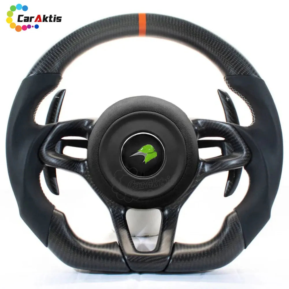 McLaren 570S/600LT upgraded steering wheel in carbon fiber with orange accents and oversized carbon paddle shifters.