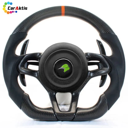 McLaren 570S/600LT upgraded steering wheel in carbon fiber with orange accents and oversized carbon paddle shifters.