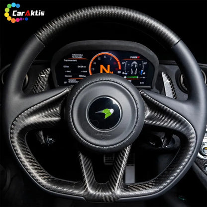 McLaren 720S Custom Steering Wheel, crafted from gloss carbon fiber and premium black leather.