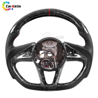 Unique forged carbon fiber steering wheel for McLaren 720S with perforated leather and red center ring.